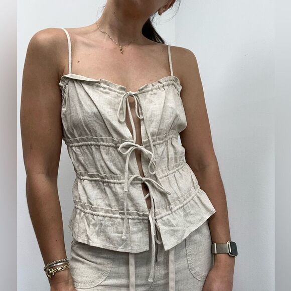 H&M Beige Linen Blend 2 Piece Pant Set Ruche Tie Front Top Wide Leg Size XS/S - Picture 5 of 15